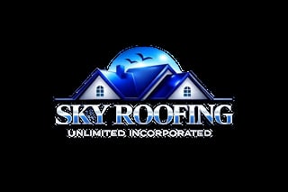 Sky Roofing Unlimited Incorporated logo featuring blue roofing design with two peaked houses and birds in sky on black background