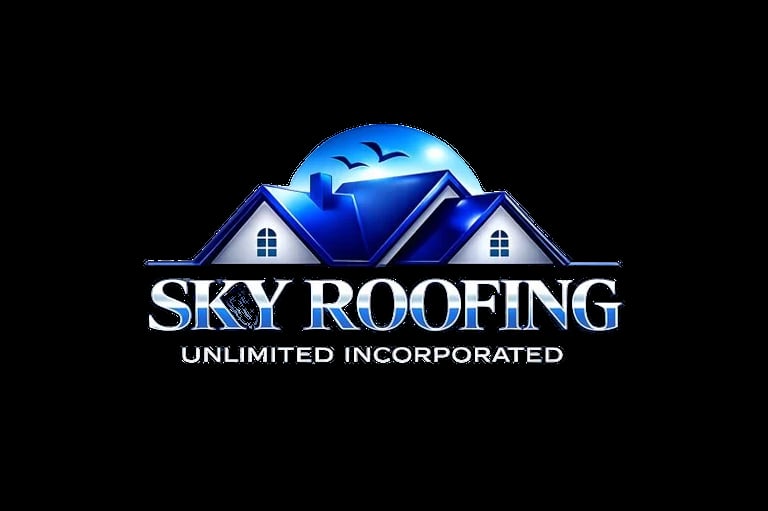 Sky Roofing Unlimited Incorporated logo featuring blue roofing design with two peaked houses and birds in sky on black background
