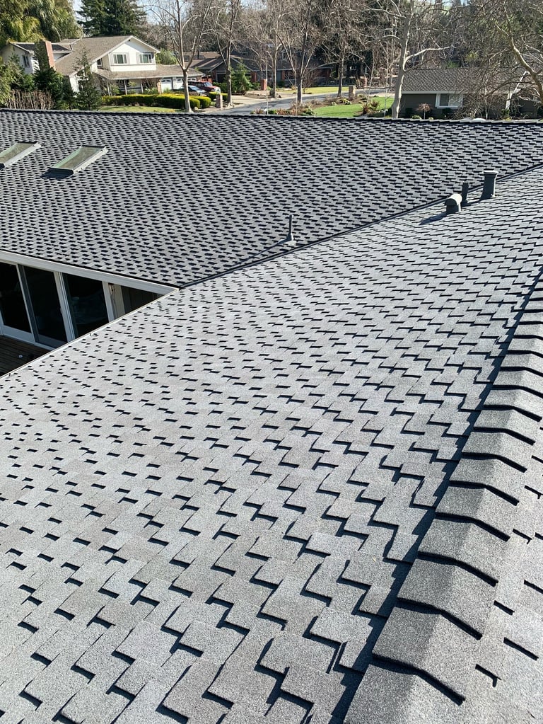 Aerial view of a residential roof with gray asphalt shingles, skylights, and neighboring houses with bare trees in background